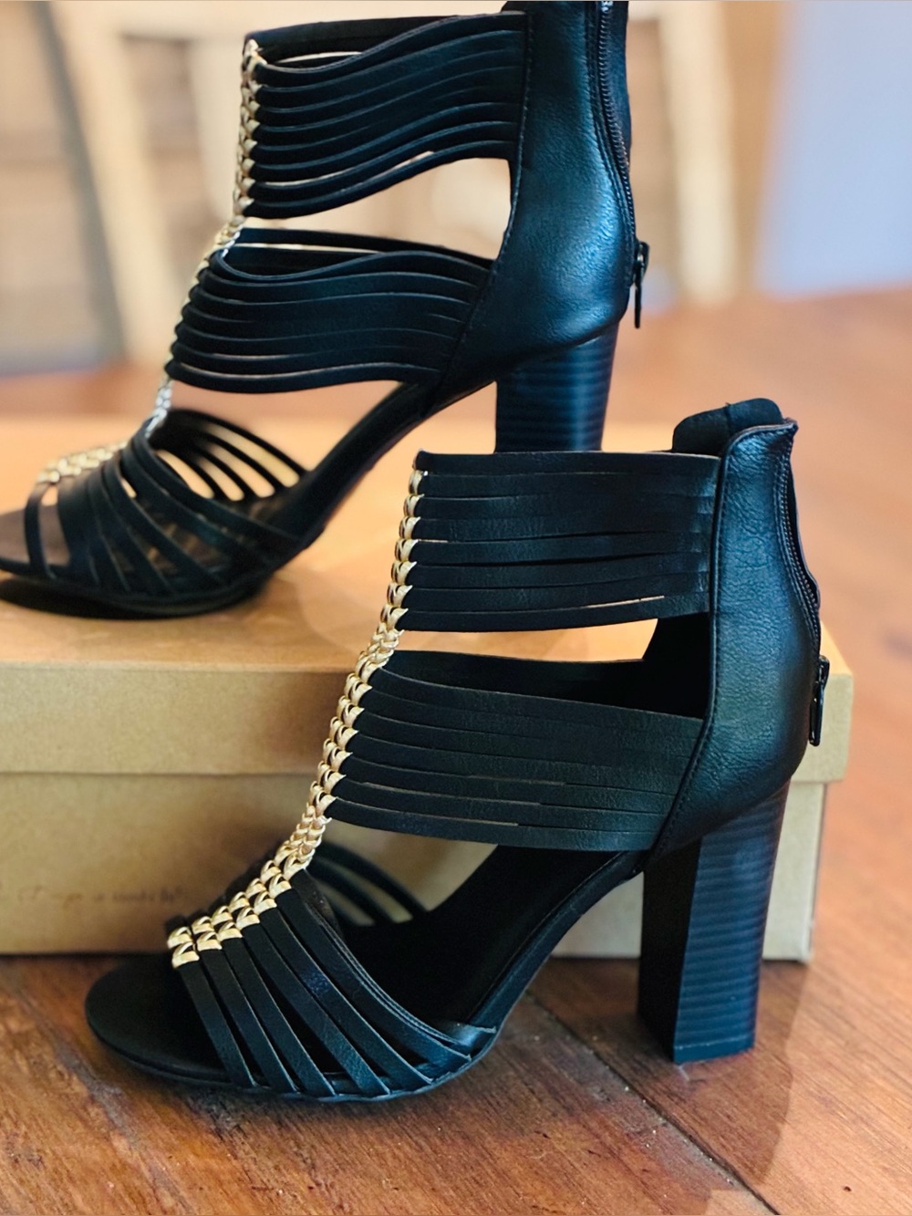 Charlotte Russe chunky heel strappy shoes. Black with silver adornment. Sz 6